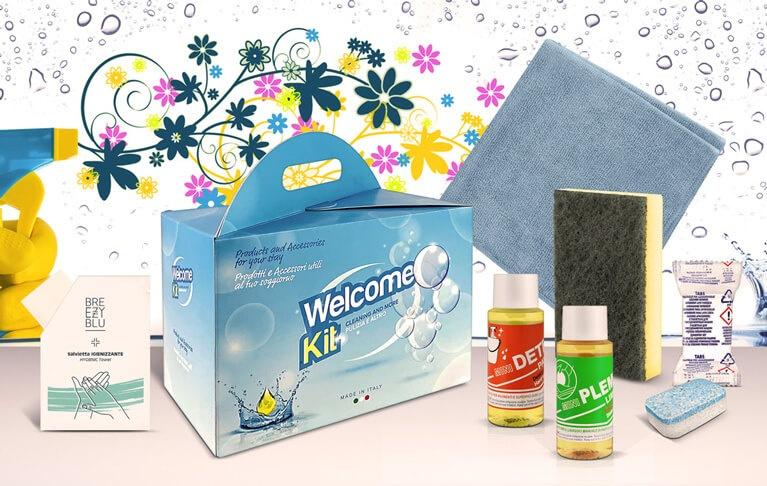 Welcome kit pulizia per residence con panno igienizzante per case vacanza